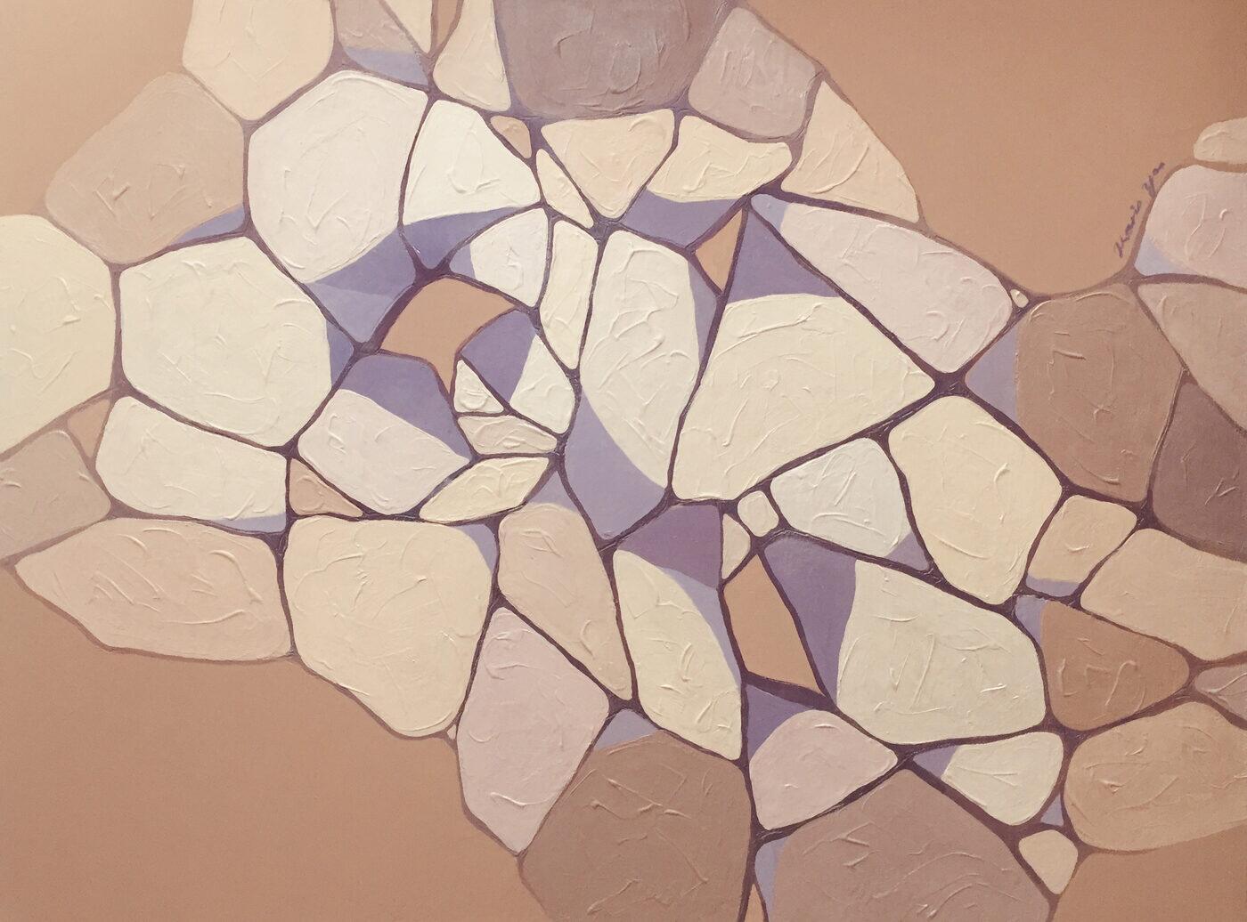 Breakthrough, 2022 — pale stone-like forms in cream and blush with impasto texture, separated by violet-brown seams over a warm tan ground