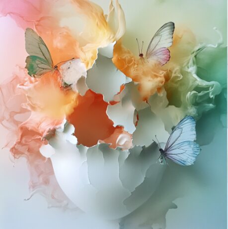Concept study — a white vessel splitting open, releasing colour and butterflies