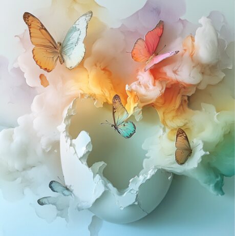 Concept study — a cracked vessel opening into warm colour with butterflies rising