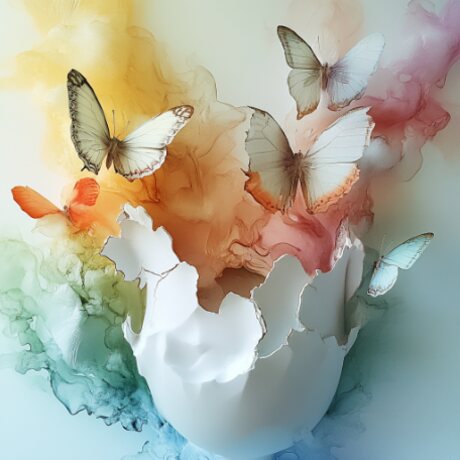 Concept study — a broken white vessel releasing butterflies through yellow and rose colour