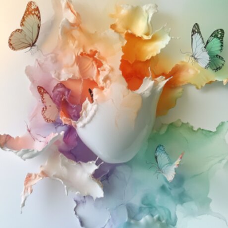 Concept study — a pale vessel opening into green and coral, butterflies at its rim