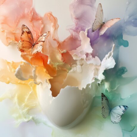 Concept study — fragments of a white vessel among rose and amber wash with butterflies