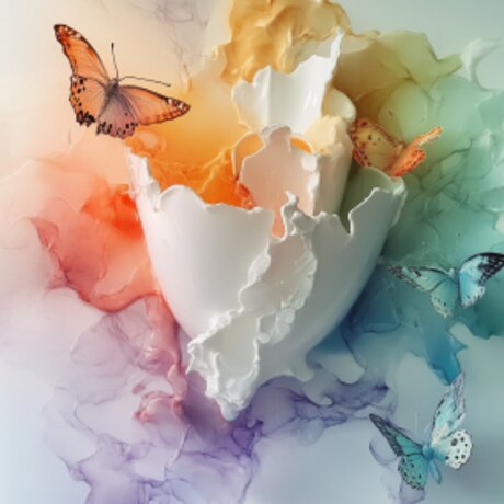 Concept study — a broken vessel with colour and butterflies rising through the opening