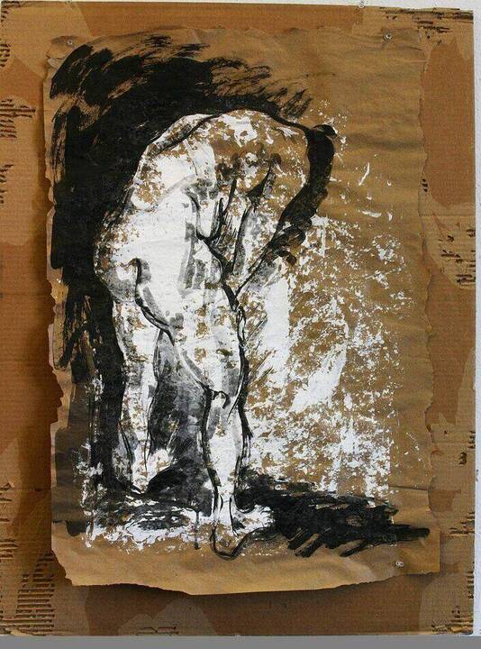 Brush and ink figure painted in black and white on kraft paper mounted to cardboard