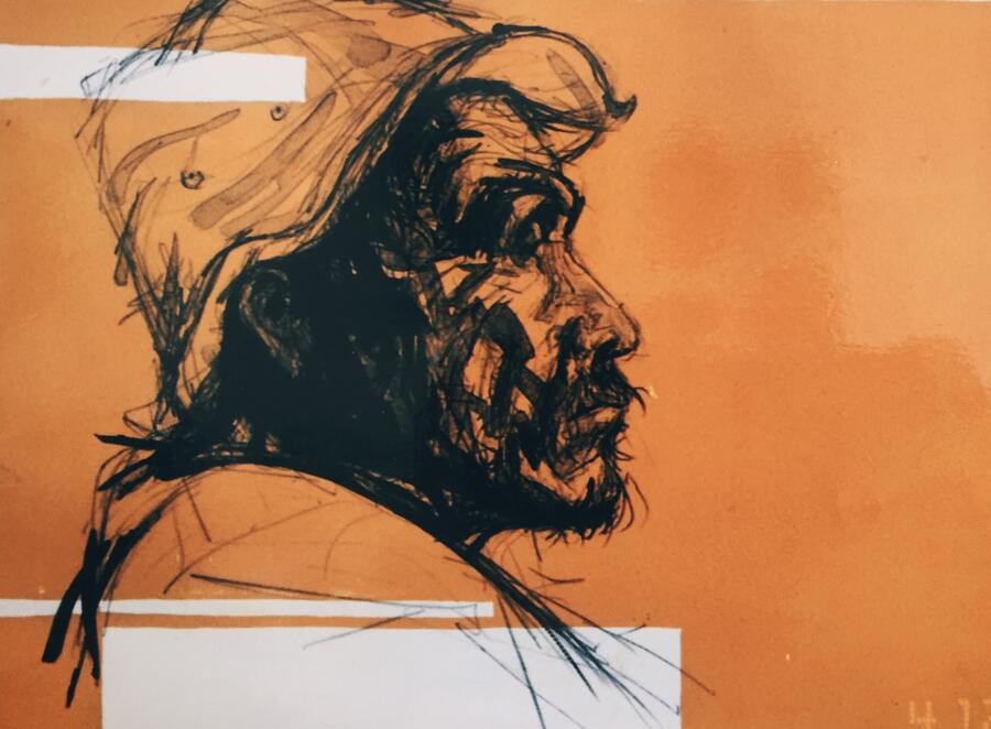 Lithograph — the profile of an elderly East Asian man in dense black line, printed over an orange ground
