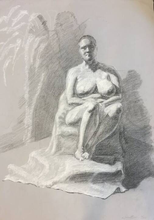 Charcoal and white chalk drawing of a seated figure on grey paper