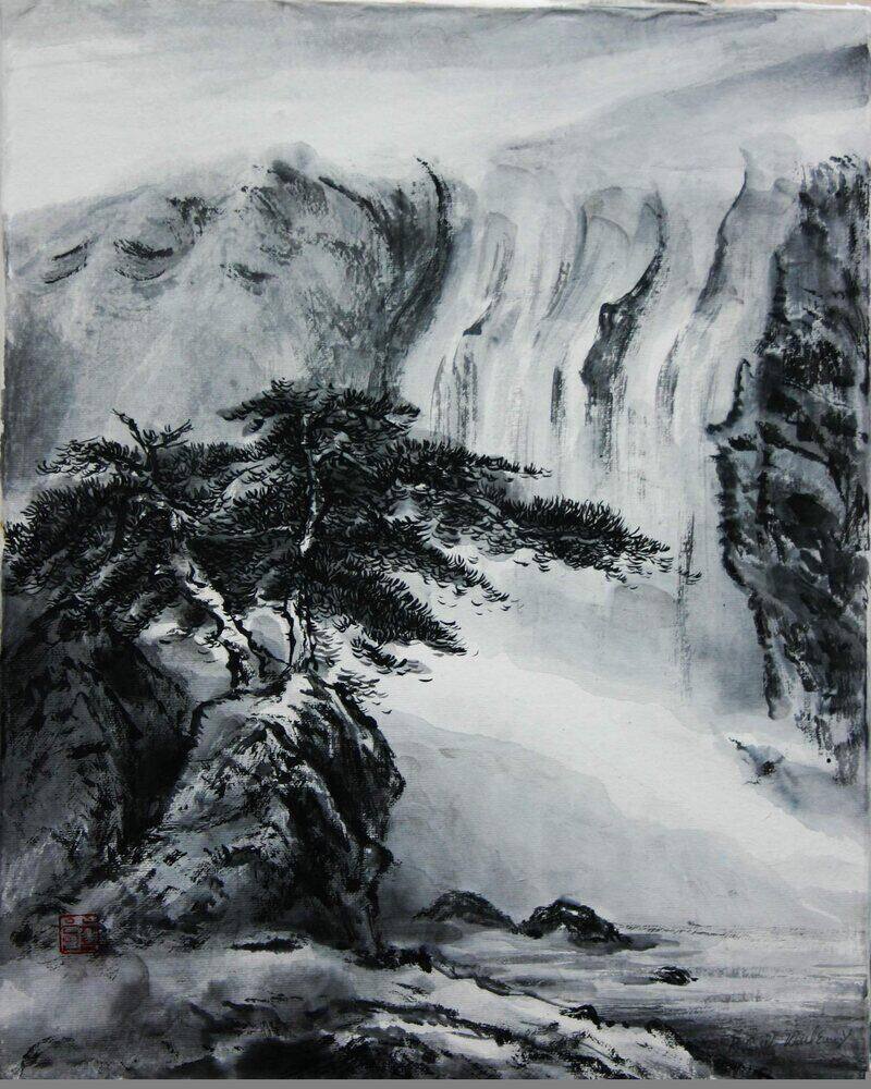 Ink landscape — a pine on a rock face before a waterfall, in graded black ink with a red seal