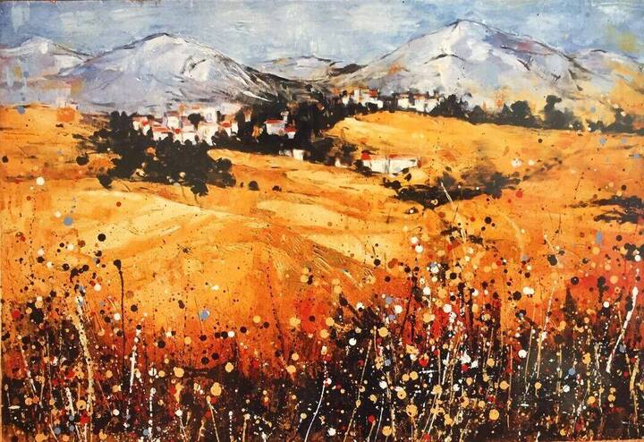 Landscape painting — snow-capped mountains above a white village and a golden field flecked with spattered colour