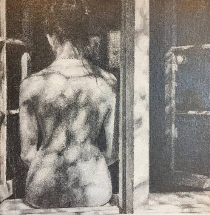 Charcoal drawing — a seated figure seen from behind in a doorway