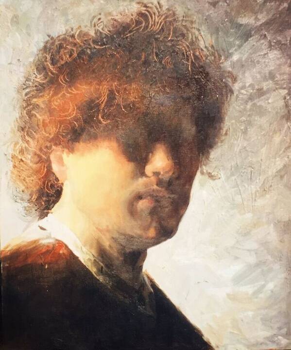 Oil study after Rembrandt — a figure with dense curly hair, the face turned into shadow