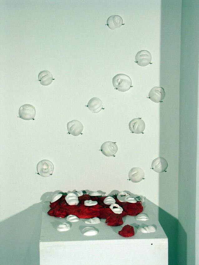 Installation — white cast mouth forms pinned across a wall above a plinth holding red fabric
