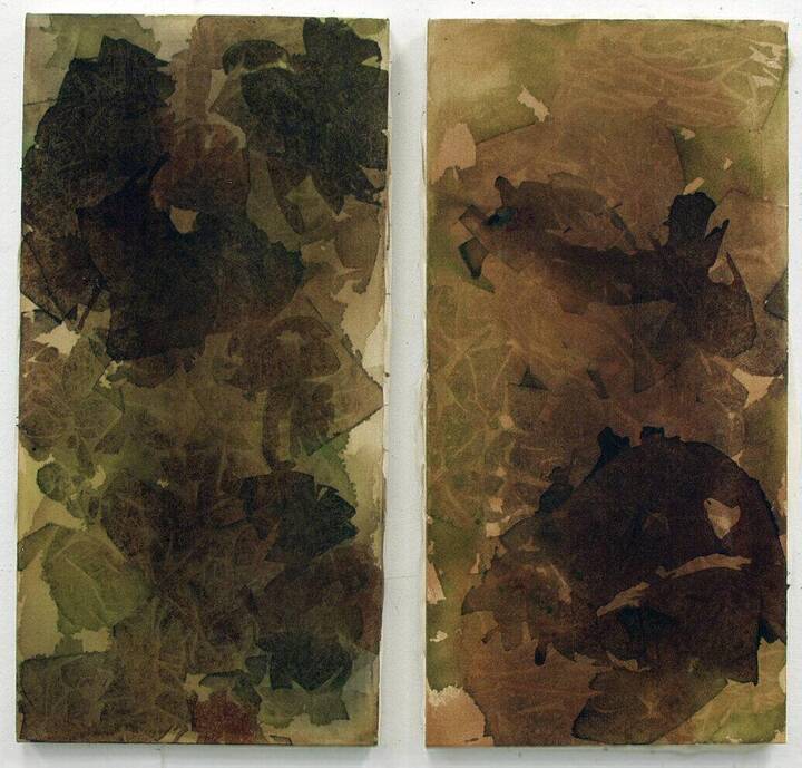 Leaves diptych — overlapping leaf forms in deep olive green and warm brown