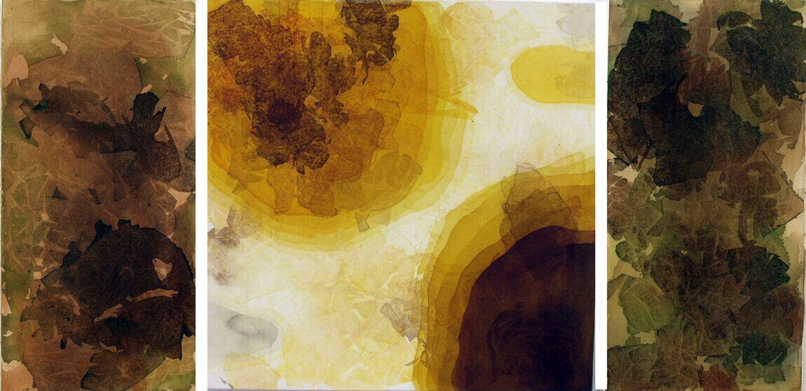 Leaves triptych — layered pressed leaves in amber, bright yellow and deep brown washes across three panels