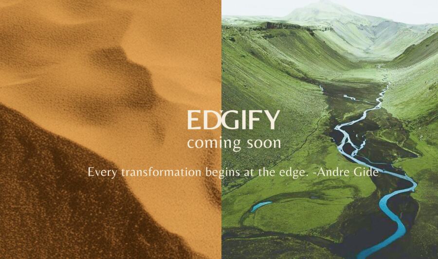 Identity study — an ochre desert dune on the left and a green river valley on the right, the wordmark placed on the seam between them