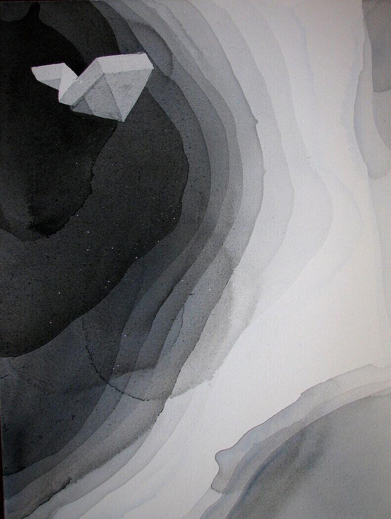 Trace: The Letter — greyscale concentric wash of layered grey, with a small white paper aeroplane set into the surface at the upper left