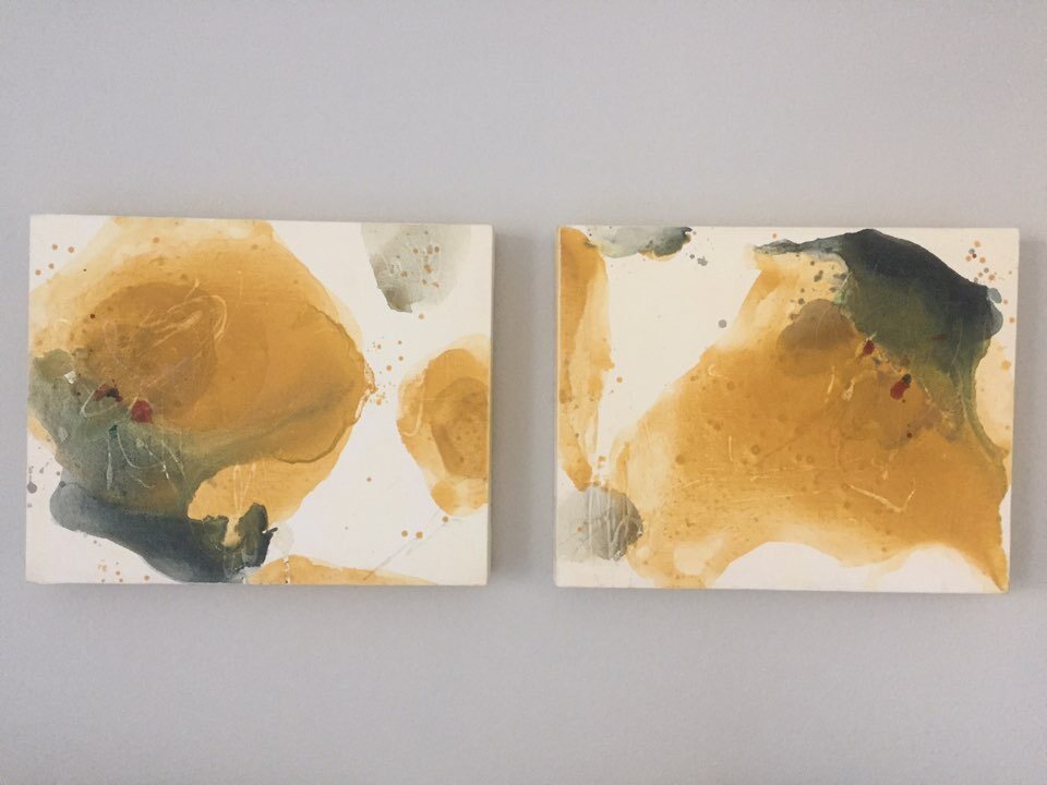 Trace V — diptych in ochre and olive with red flecks and fine scratched line