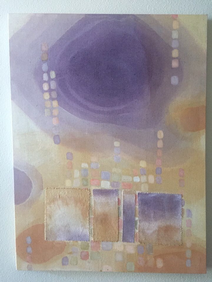 Trace VI — violet and ochre canvas with pale square motifs and stitched fabric panels