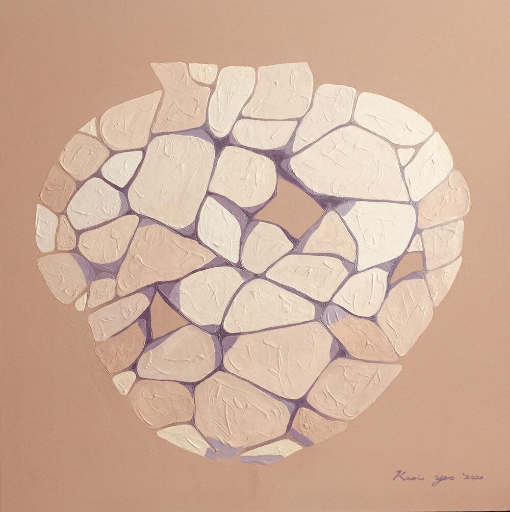 Broken Vases, 2020 — a vessel formed from pale cream and blush stone shapes with violet seams, on a warm tan ground
