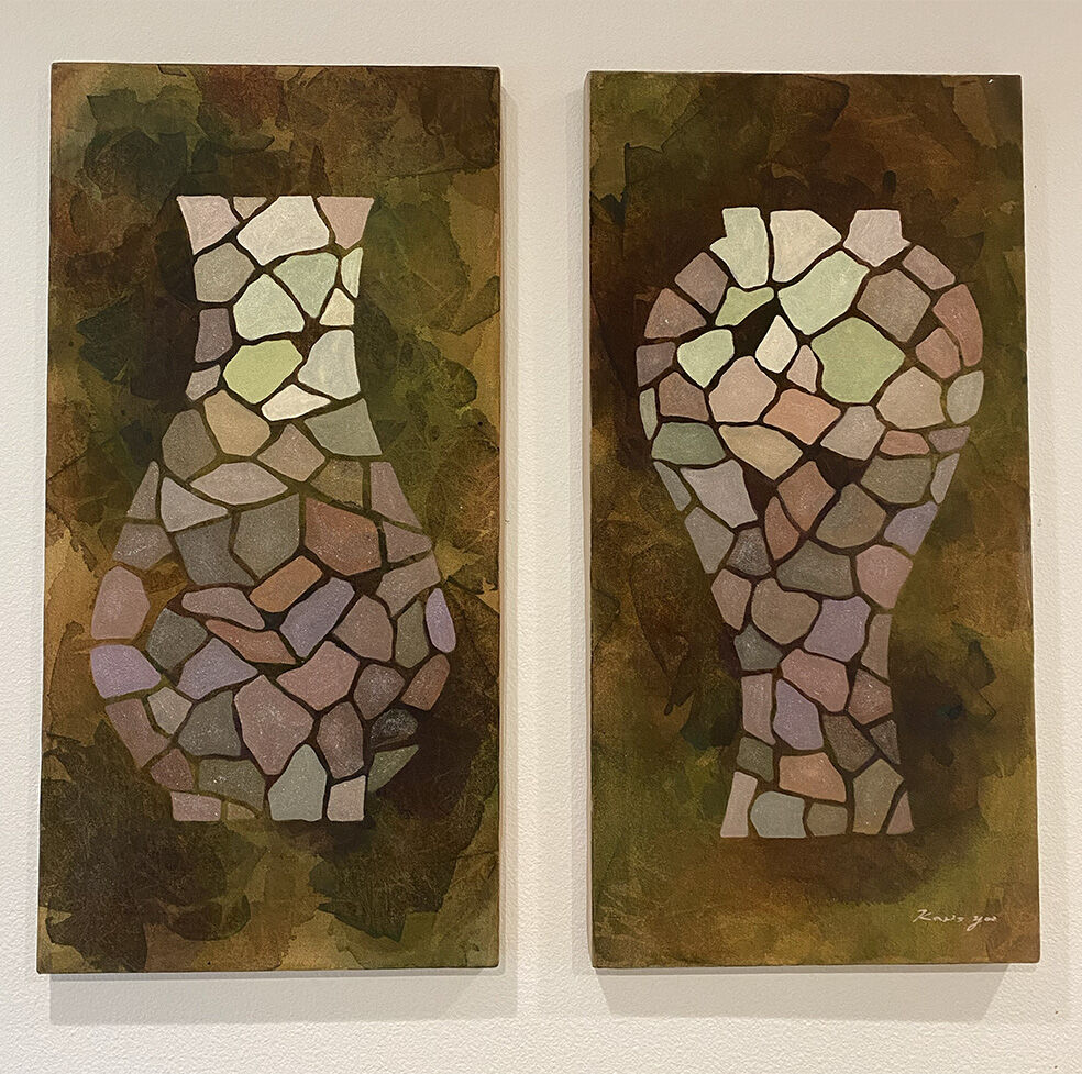 Broken Vases, 2021 — two tall panels, each holding a vessel built from pale mosaic fragments in blush, sage and lilac over an olive and umber ground