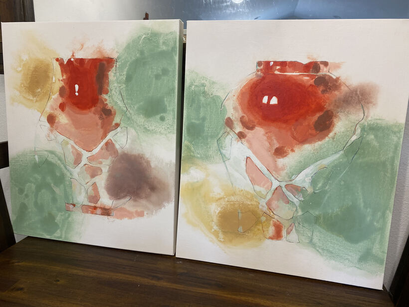 Broken Vases, 2023 — the diptych seen at an angle, showing the depth of the two canvases