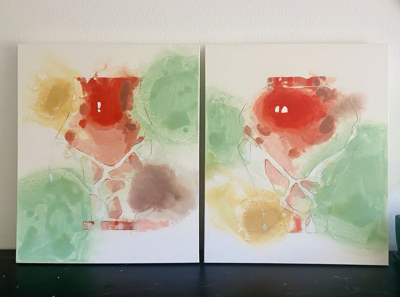 Broken Vases, 2023 — diptych with red vessel forms over green and ochre washes, drawn seams running through the surface